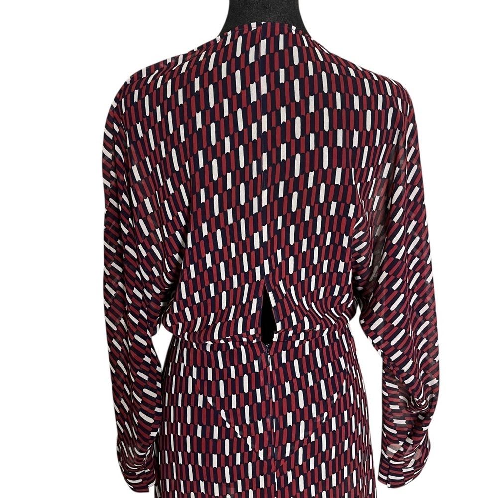 Maje Blue White Red Print Sheer Faux Wrap Raglan Sleeve Dress — 2 (Medium) - Picture 5 of 16